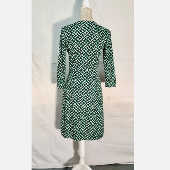 Ann Taylor LOFT Green Black Weave Print Knit 3/4 Sleeve Casual Poly Knit Dress~0 - Picture 7 of 12